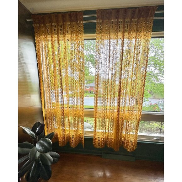 Vintage 70s pleated curtain, orange mesh, open weave geometric, pair - Picture 1 of 10